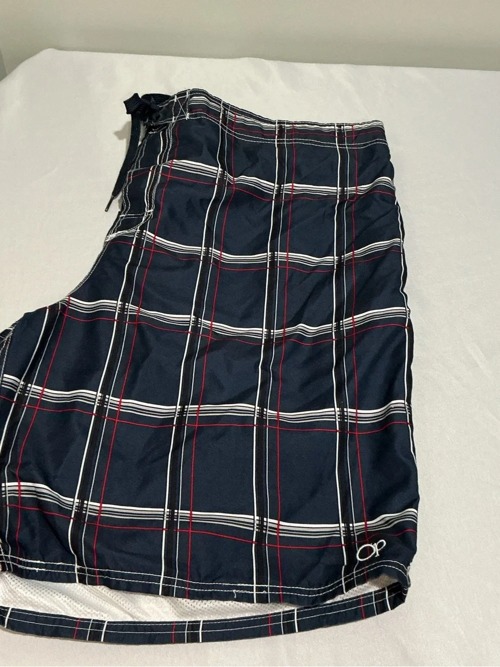 OP Dark Navy Plaid Swim Trunks with Red & White Accents 3X